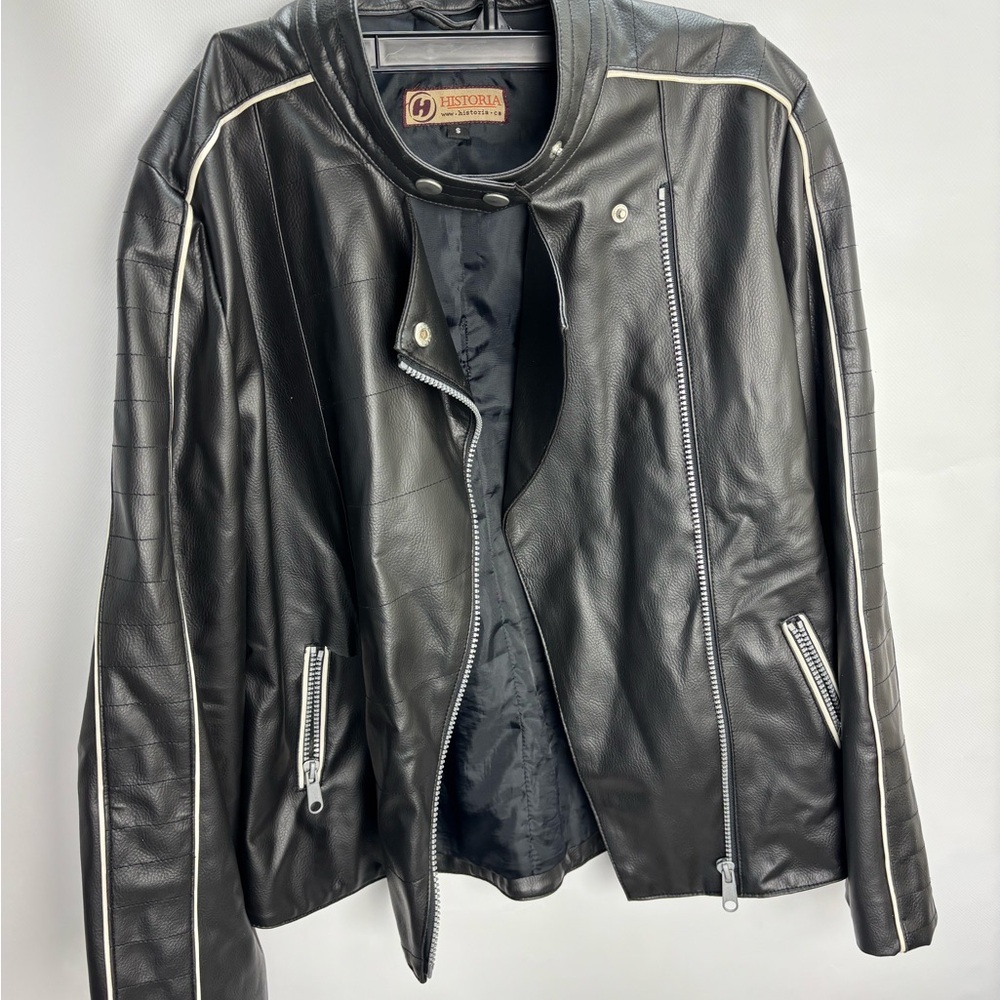 Black Leather Jacket with White Accents